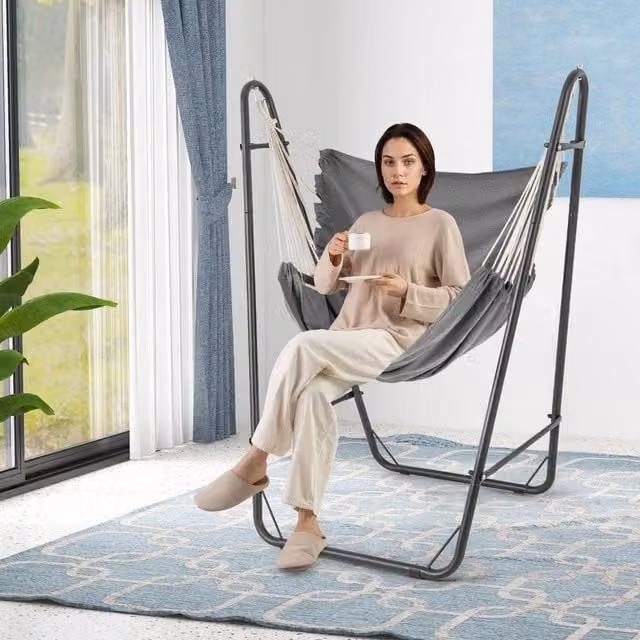Gymax Hammock Swing Chair with Metal Stand and Side Pocket in Grey – 1