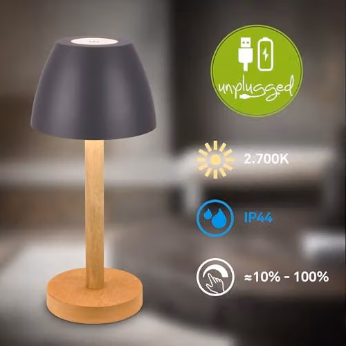 Briloner Rechargeable LED Table Lamp with Touch Dimming, IP44 Waterproof, Anthracite Wood, H 30 cm x W 13.5 cm – 2