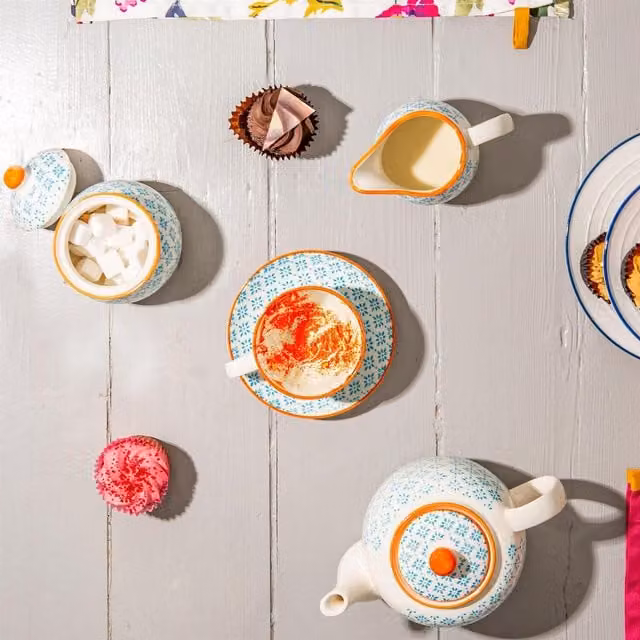 Nicola Spring 15 Piece Floral Porcelain Tea Service Set in Blue and Orange