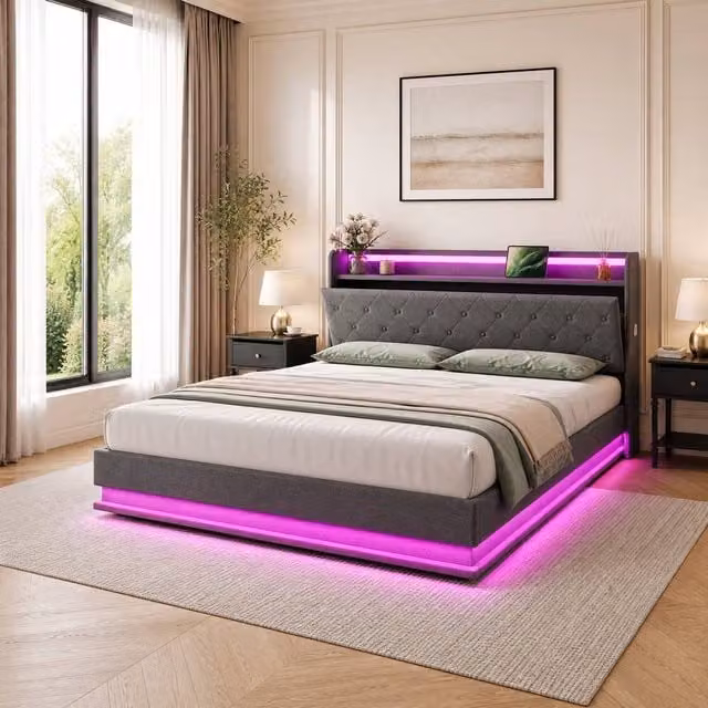STILVORA Upholstered Double Bed Frame in Grey with Hydraulic Storage, LED Lighting and USB Charging Port, W/D/H: 140 x 200 cm