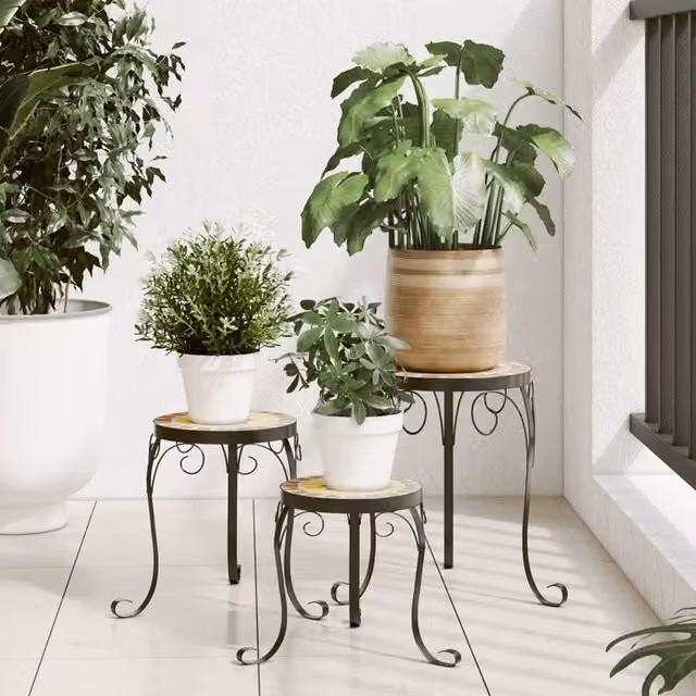 Berkfield Home Set of 3 Mediterranean Style Ceramic and Metal Indoor Plant Stands in Orange and White – 1