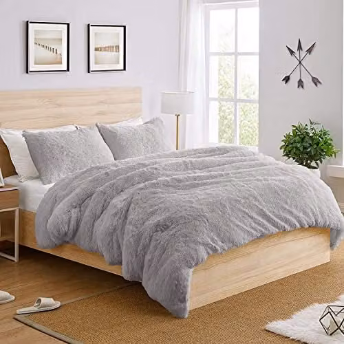 Ezysleep Silver Faux Fur Duvet Cover and Pillowcase Set, Single W/D/H: 135 x 200 cm and 50 x 70 cm