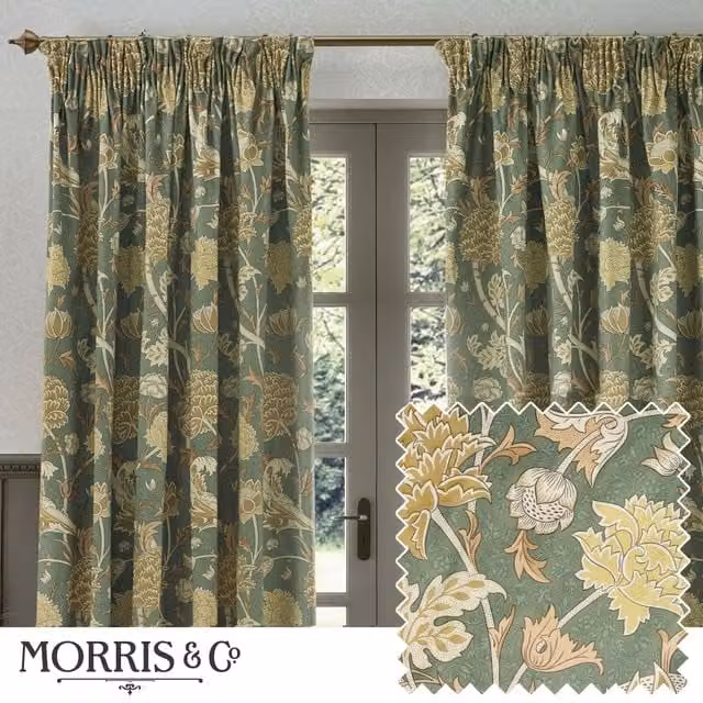 Morris & Co Cray Floral Velvet Pencil Pleat Curtains in Green, Width: 168 cm, Drop: 183 cm
