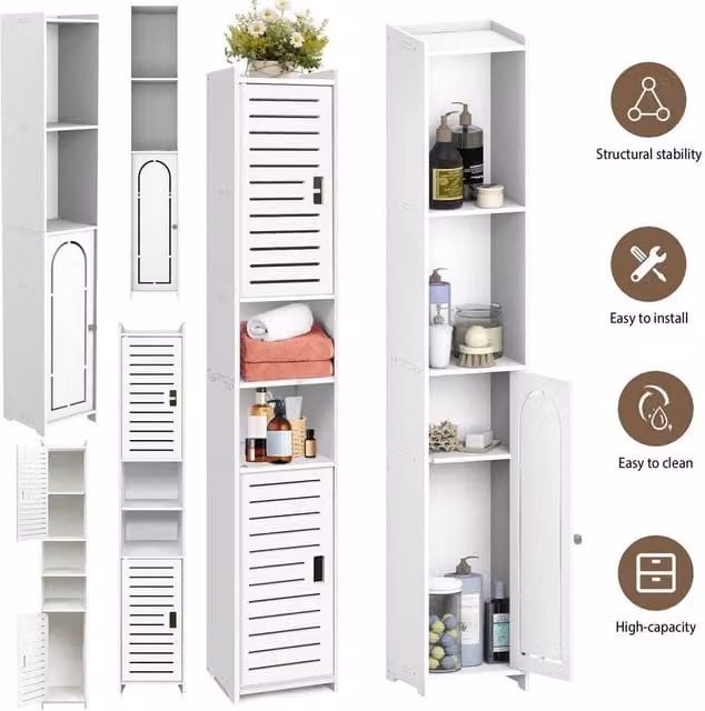 NESTLUNE Tall White Bathroom Cabinet with Internal Shelves and Hinged Doors, H 116 x W 20 x D 20 cm – 1