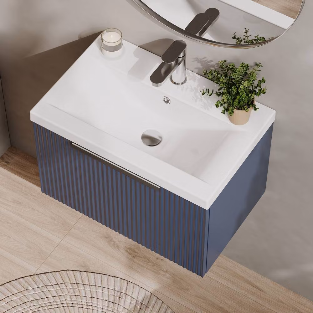 Balterley Fluted Wall Hung 1 Drawer Vanity Basin Unit and Basin, Satin Blue, 600mm – 3