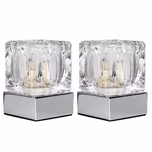 ValueLights Set of 2 Modern Cube Table Lamps with Transparent Glass and Chrome Bases