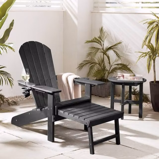 VonHaus Westport Reclining HDPE Adirondack Garden Chair with Ottoman and Cup Holders, Black (Pack of 2)