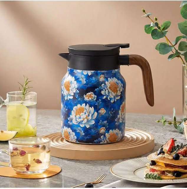 Living and Home Vintage Floral Pattern Thermal Carafe Teapot with Built-in Infuser in Mid Blue – 1