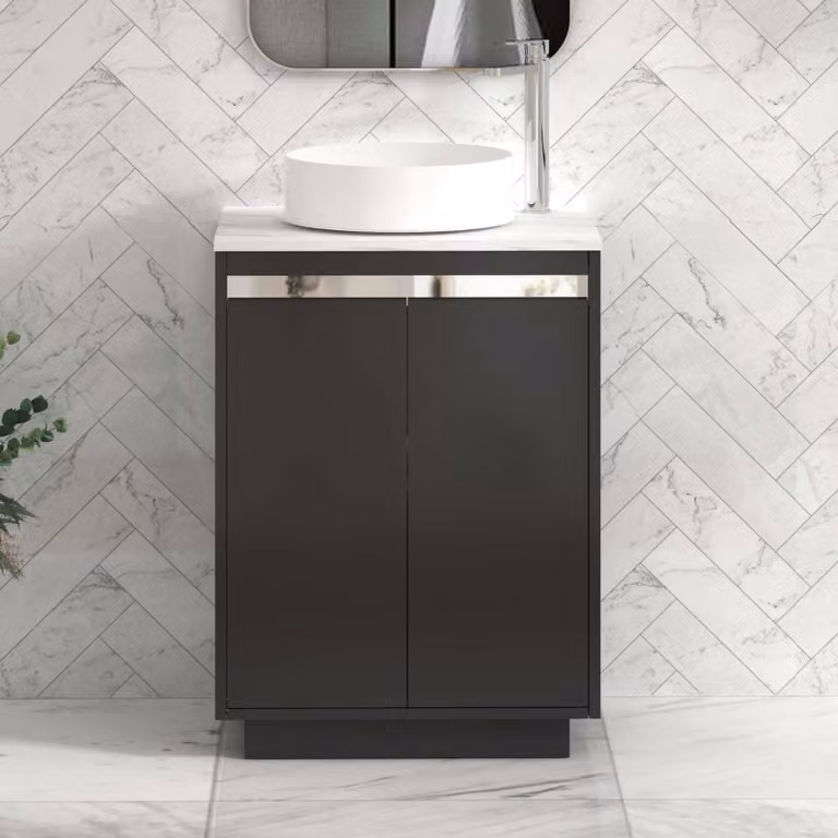 Royal Bathrooms Orion 600mm Matt Obsidian Black Floor Standing 2 Door Vanity Unit with Art Basin and Chrome Accent Trim