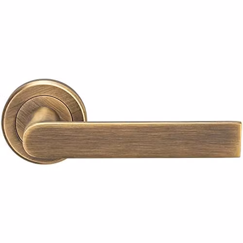 Loops Pair of Flat Rectangular Bar Handles on Round Rose in Antique Brass with Concealed Fixings – 1