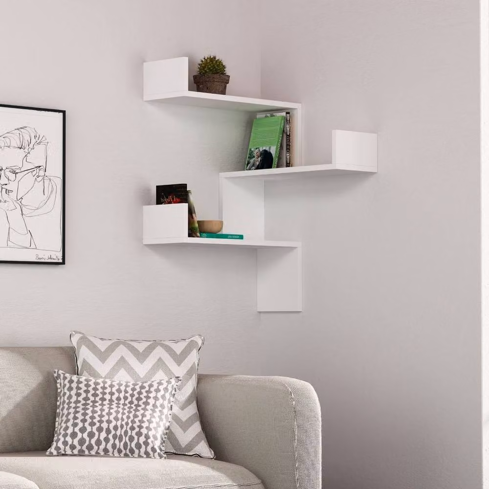 CALICOSY Luska Corner Wall Shelf with 3 Shelves, White, Height: 90 cm – 2