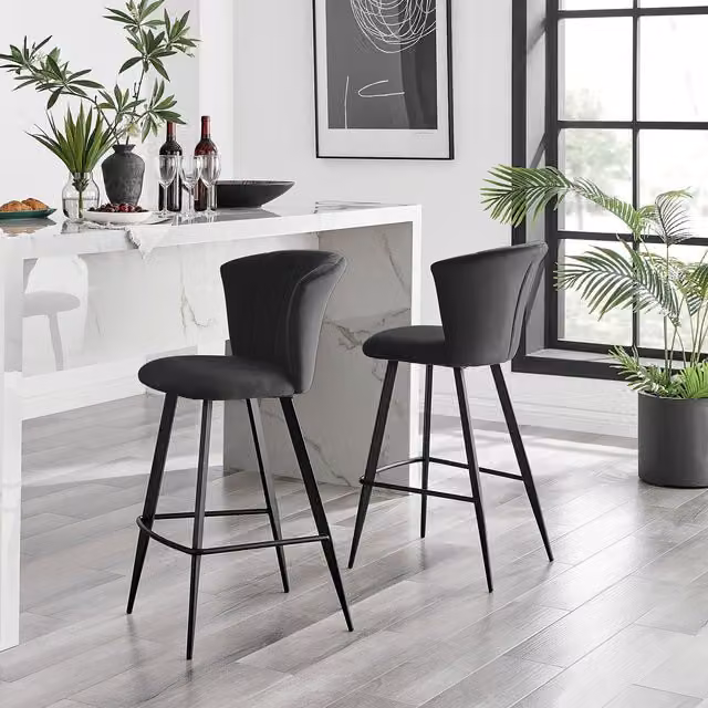 FurnitureboxUK Set of 2 Juniper Soft Touch Velvet Fluted Art Deco Counter Stools with Black Metal Legs