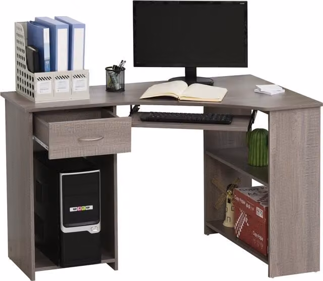 HOMCOM L-Shaped Corner Computer Desk with 2 Shelves, Keyboard Tray, Drawer and CPU Stand in Grey