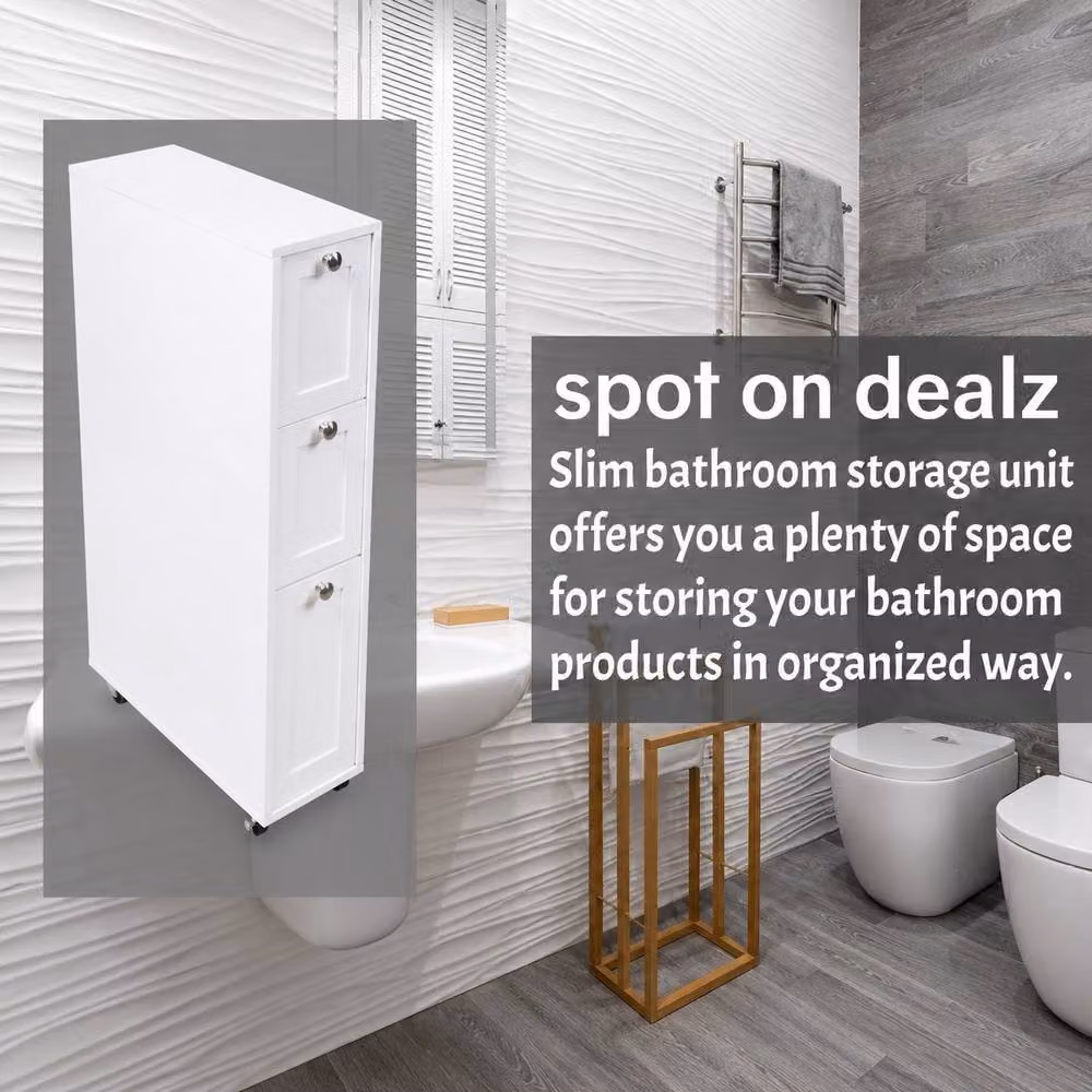 Saxony Slim White MDF Bathroom Storage Unit with 3 Drawers and Castors – 2
