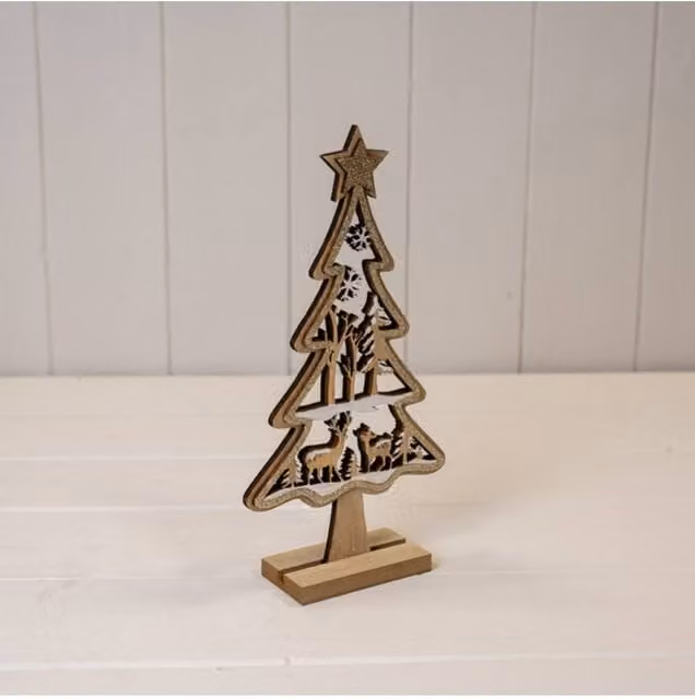 KDMD Medium Rustic Brown Glittery Wooden Christmas Scene Tabletop Tree