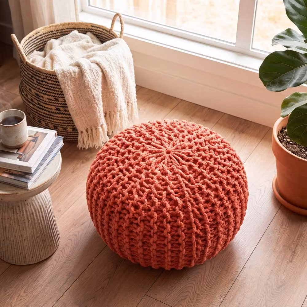 Bravich LTD Chunky Knitted Cotton Pouffe Footstool in Orange, Diameter: 50 cm – 3