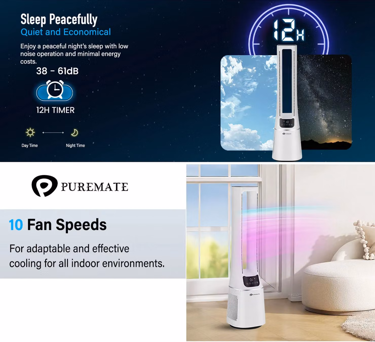 PureMate 2-in-1 Bladeless Fan and HEPA Air Purifier in White and Silver – 3