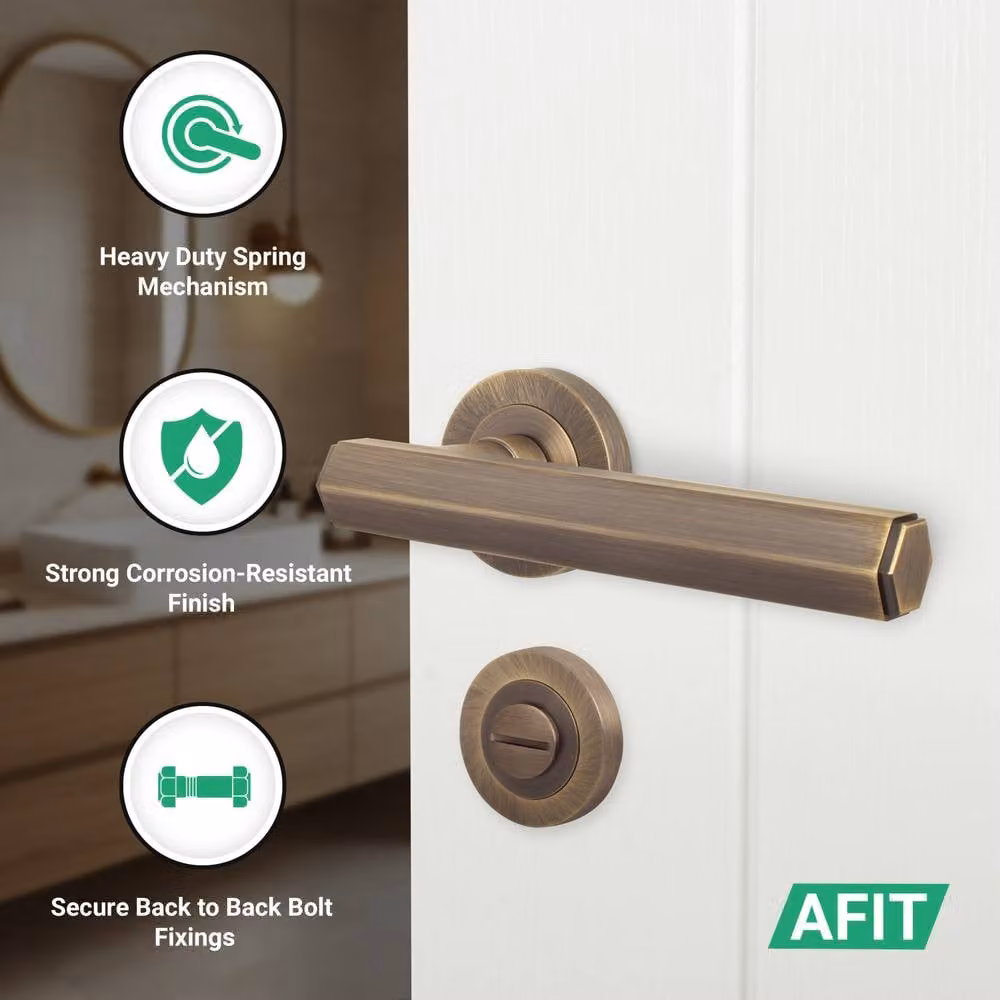 AFIT Antique Brass Bathroom Door Handle Set with WC Lock and Hinges in Bronze – 2