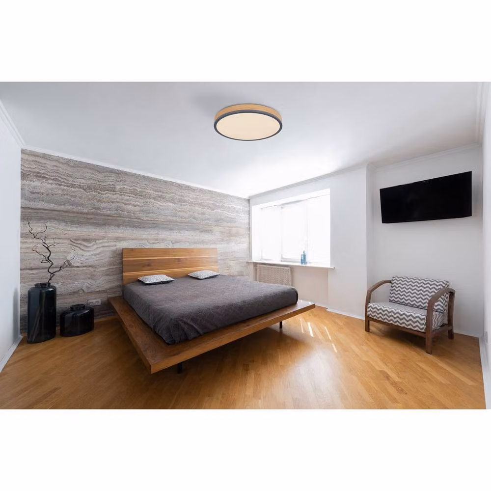 Netlighting Doro Round LED Flush Ceiling Light in Grey and Wood, Diameter: 45 cm – 7
