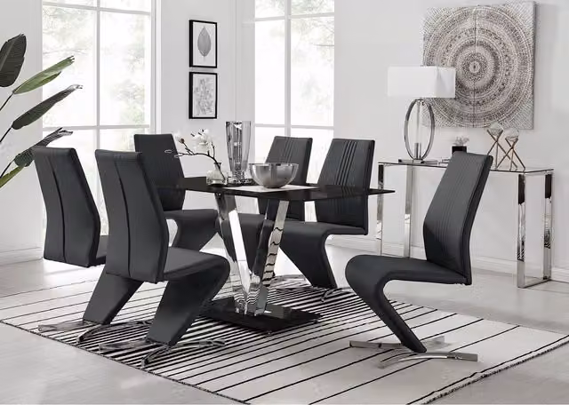 FurnitureboxUK Florini Black Glass and Chrome Metal Dining Table and 6 Modern Willow Chairs Set - Black