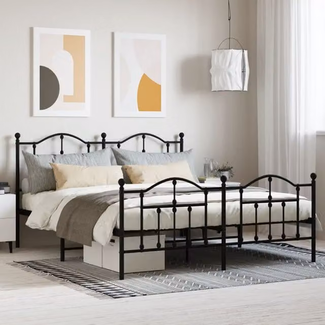 Berkfield Home Metal Bed Frame with Headboard and Footboard in Black W: 183 cm, L: 213 cm