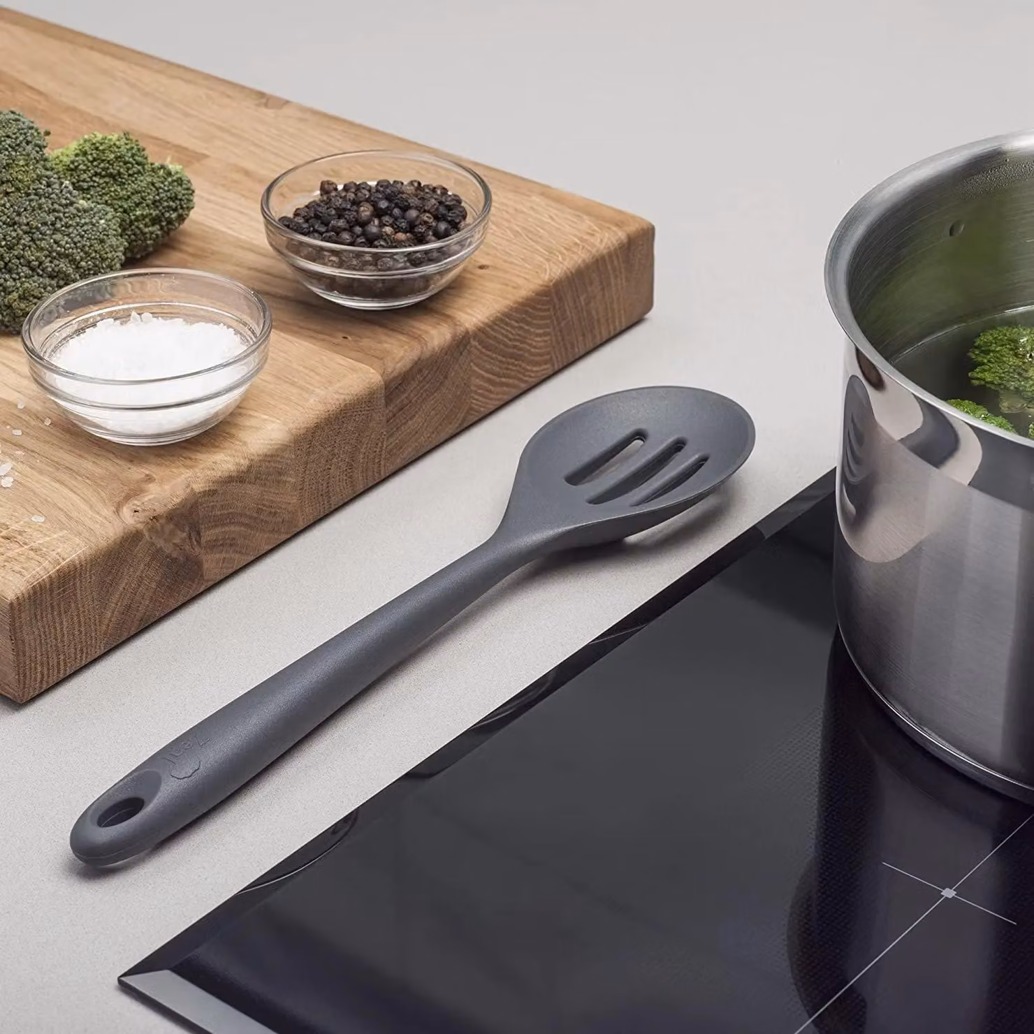 Zeal Grey Silicone Slotted Spoon Skimmer with Hanging Loop, 28 cm – 2
