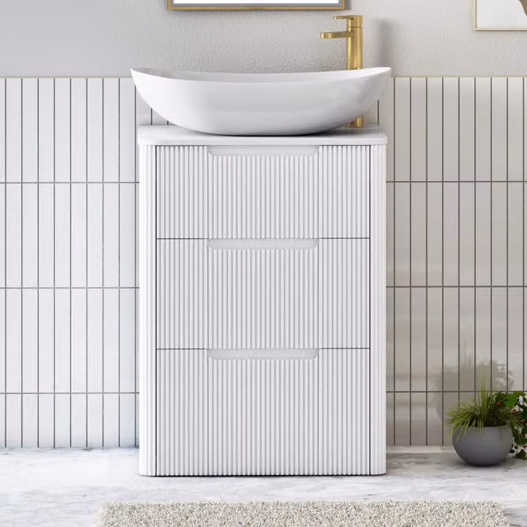 Royal Bathrooms Avenza 600mm Matt White Floor Standing 3 Drawer Vanity Unit with Cesar Basin and Plain White Worktop