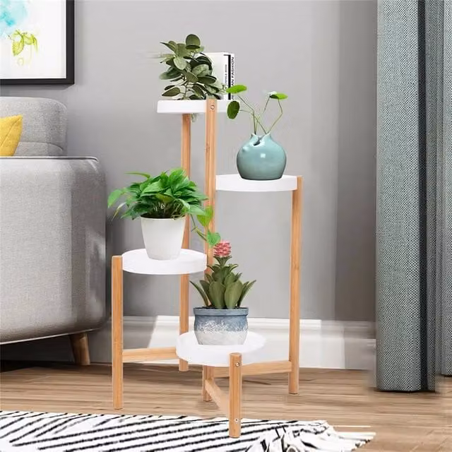 KORVIXA 4 Tier Round Bamboo Indoor Corner Plant Stand in White, Height: 80 cm – 1