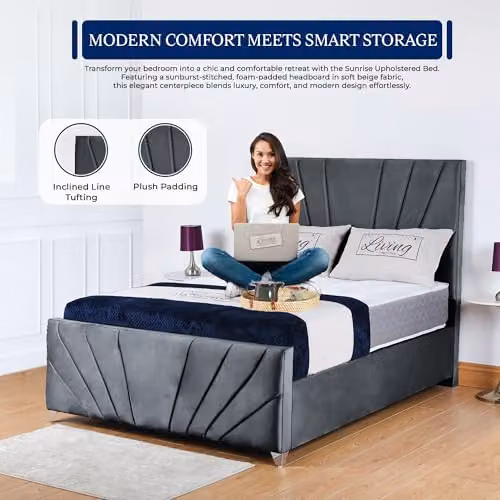 Living Comfort Bedz Sunrise King Size Bed with Plush Velvet Upholstered Headboard and Footboard and Black Board Base W/D/H: 180 x 200 cm – 2