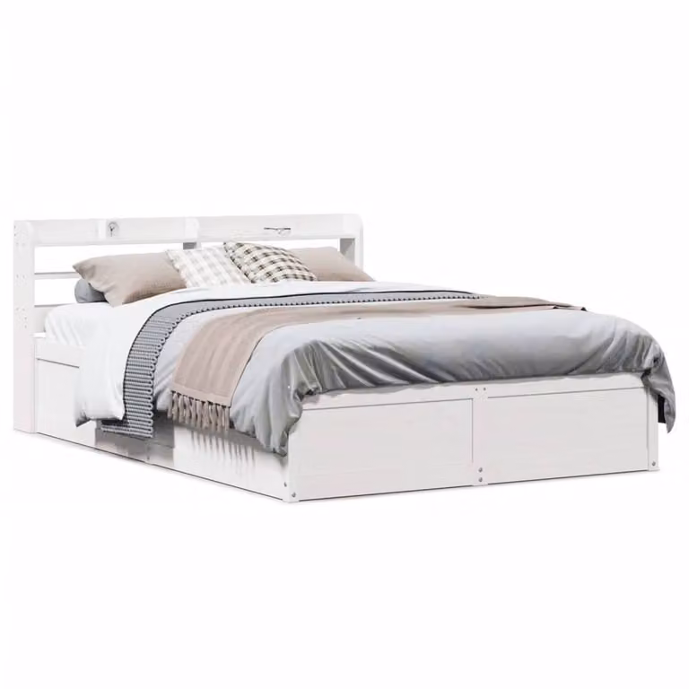 Berkfield Home White Solid Wood Pine Bed Frame with Headboard and Side Compartments, W: 135 cm, L: 190 cm