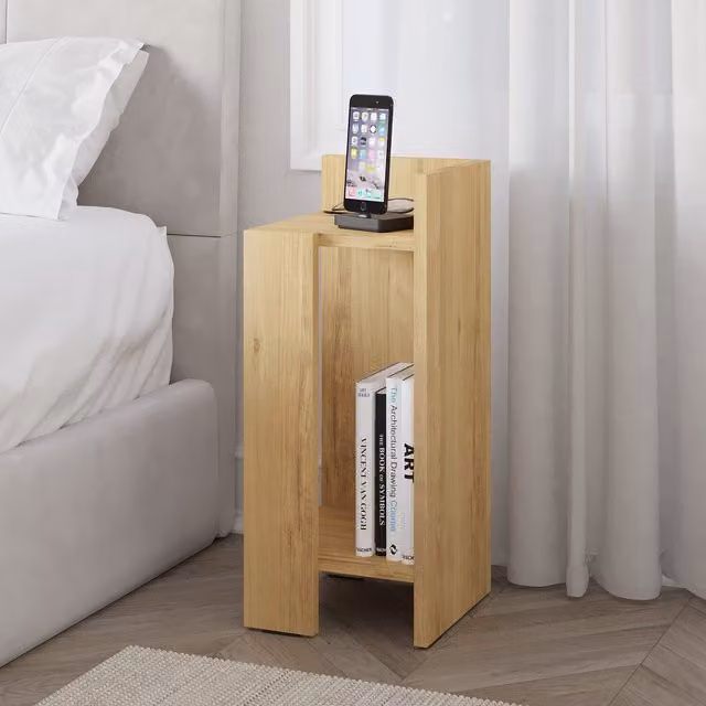 Decortie Elos Modern Wall-Mounted Right-Side Bedside Cabinet with Drop-Down Door, Dark Oak – 1