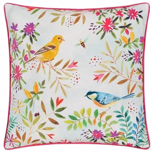 Evans Lichfield Daisy Hill Willow Birds Floral Printed Square Cushion, Pink and Multicolour, W/D/H: 45 x 45 x 45 cm