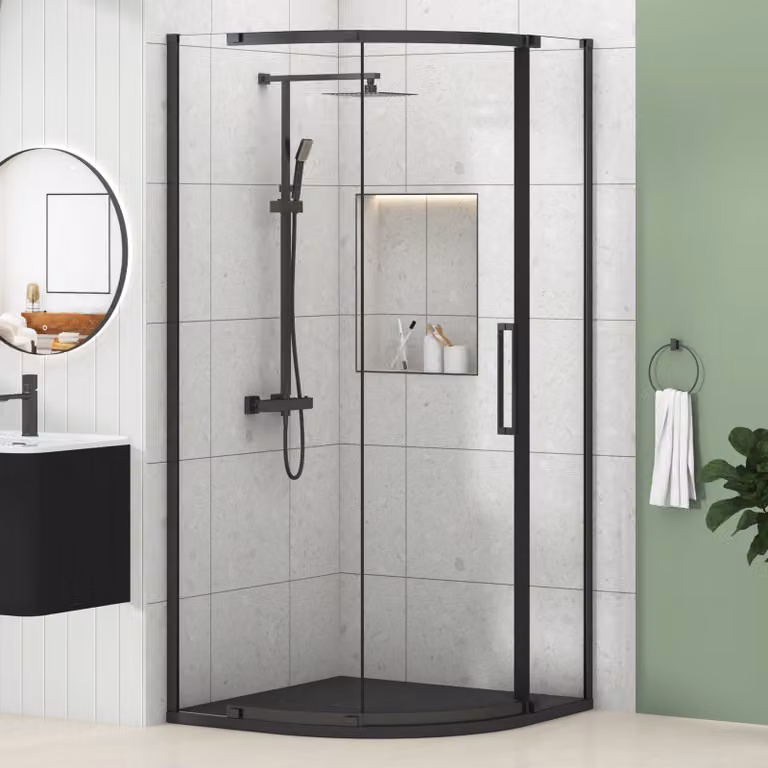 Royal Bathrooms Chelsea Single Door Quadrant Shower Enclosure with Black Mineral Cast Stone Tray, 8mm Easy Clean Glass, Matt Black, W: 90 cm, H: 195 cm