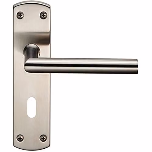 Loops Mitred Lever Door Handle on Lock Backplate in Brushed Satin Stainless Steel, W: 17.2 cm, H: 4.4 cm