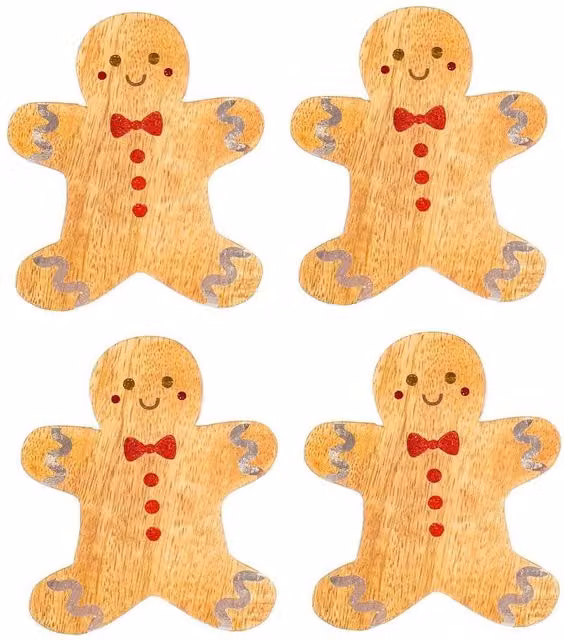 Sass & Belle Wooden Gingerbread Coasters, Set of 4, Brown