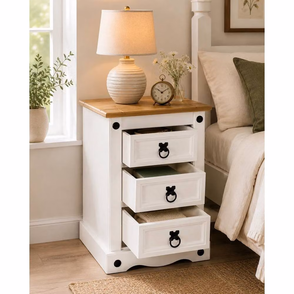 Hinsinc White 3 Drawer Mexican Pine Bedside Cabinet – 2