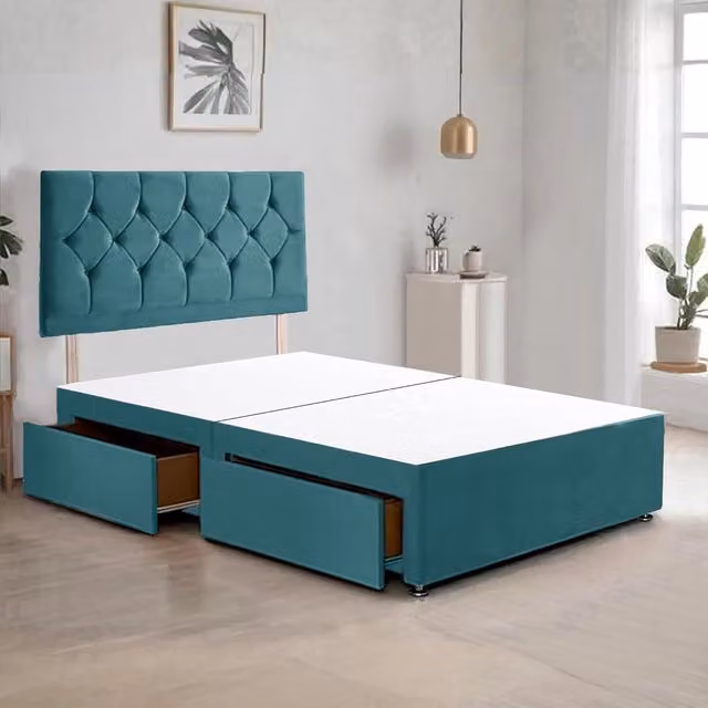 Bed Time UK Ziggy Plush Velvet Divan Bed Frame with 2 Drawers and 20 inch Headboard in Petrol Blue, W/D/H: 180 x 200 cm – 1