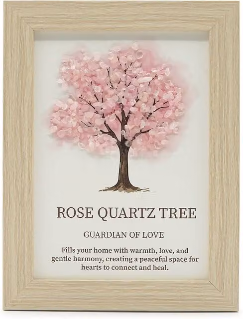 Serenityy Tree of Life Rose Quartz Gemstone Picture in Pink, W: 21 cm, H: 30 cm, D: 1.47 cm