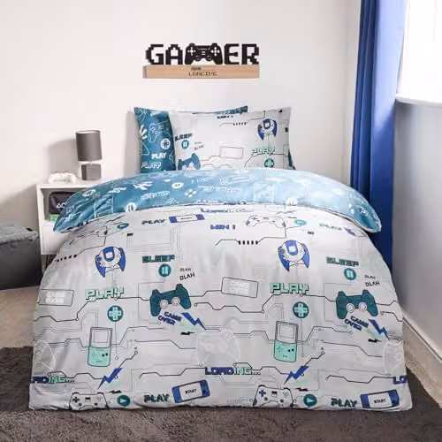 OHS Reversible Gaming Duvet Cover and Pillowcase Set in Blue and Grey, Microfibre Polyester Bedding for Teenagers, W/D/H: 140 x 200 cm – 1