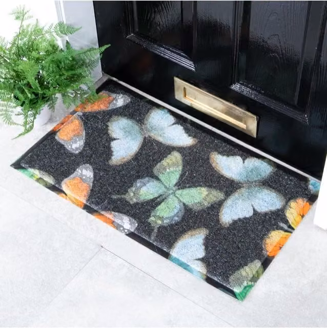 Artsy Mats Watercolour Butterfly Indoor Outdoor Doormat in Black and Multicolour, W: 70 cm, D: 40 cm