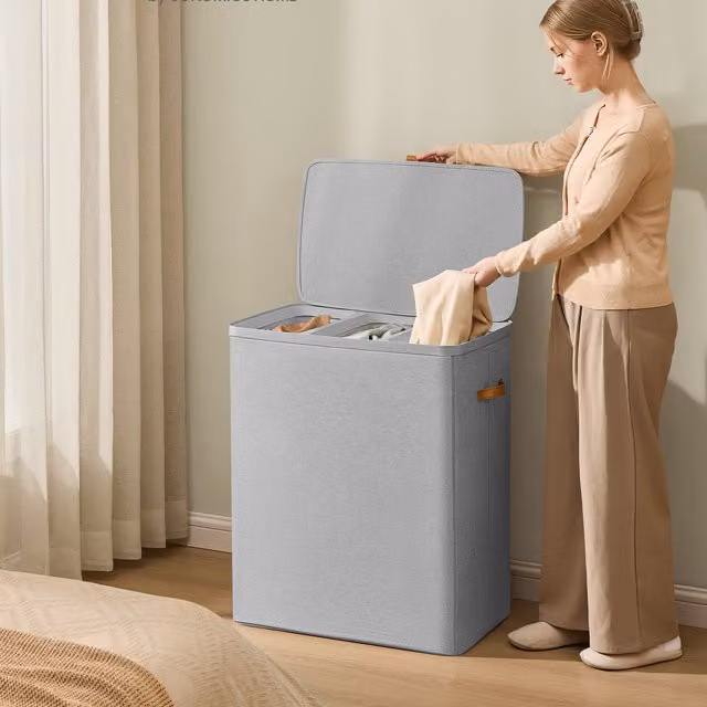 SONGMICS Triple Compartment Laundry Hamper with Lid and Handles, Grey, 190L