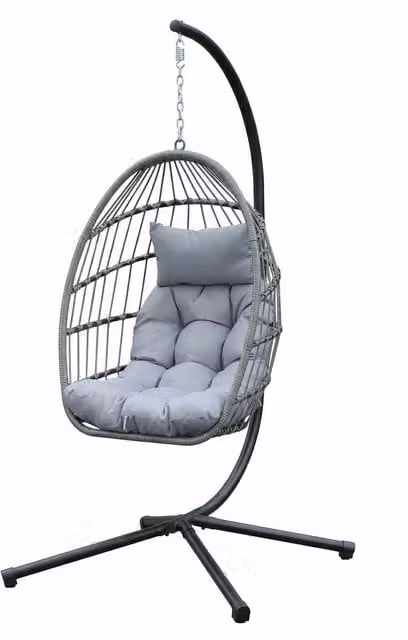 Alivio Modern Grey Rattan Egg Chair Hammock with Cushions and Powder Coated Steel Stand