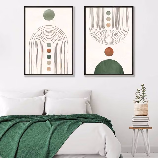 ARTZE Boho Arches Abstract Art Print Set of 2 in Green and Cream with Black Wood Frames, W: 50 cm x H: 70 cm