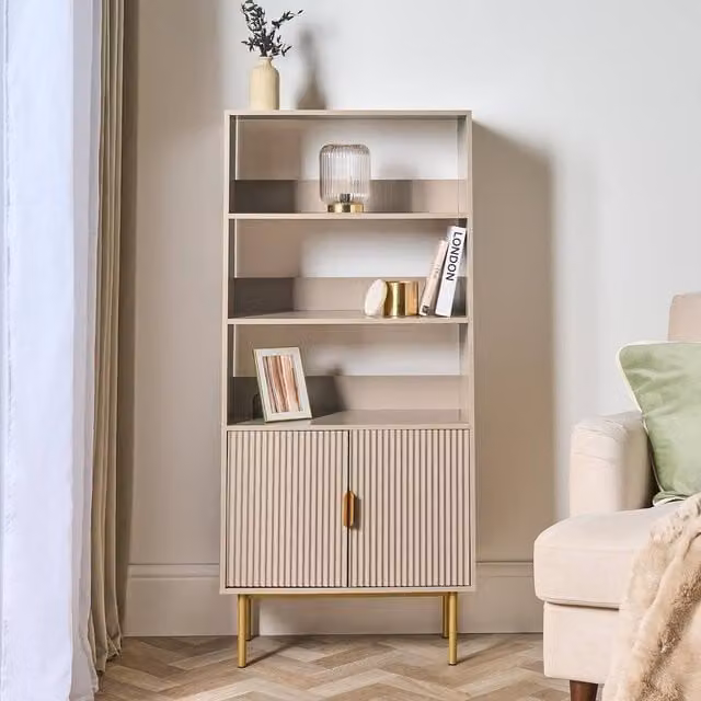 OHS Modern Ribbed Display Unit with Drawers and Shelving in Sand Beige