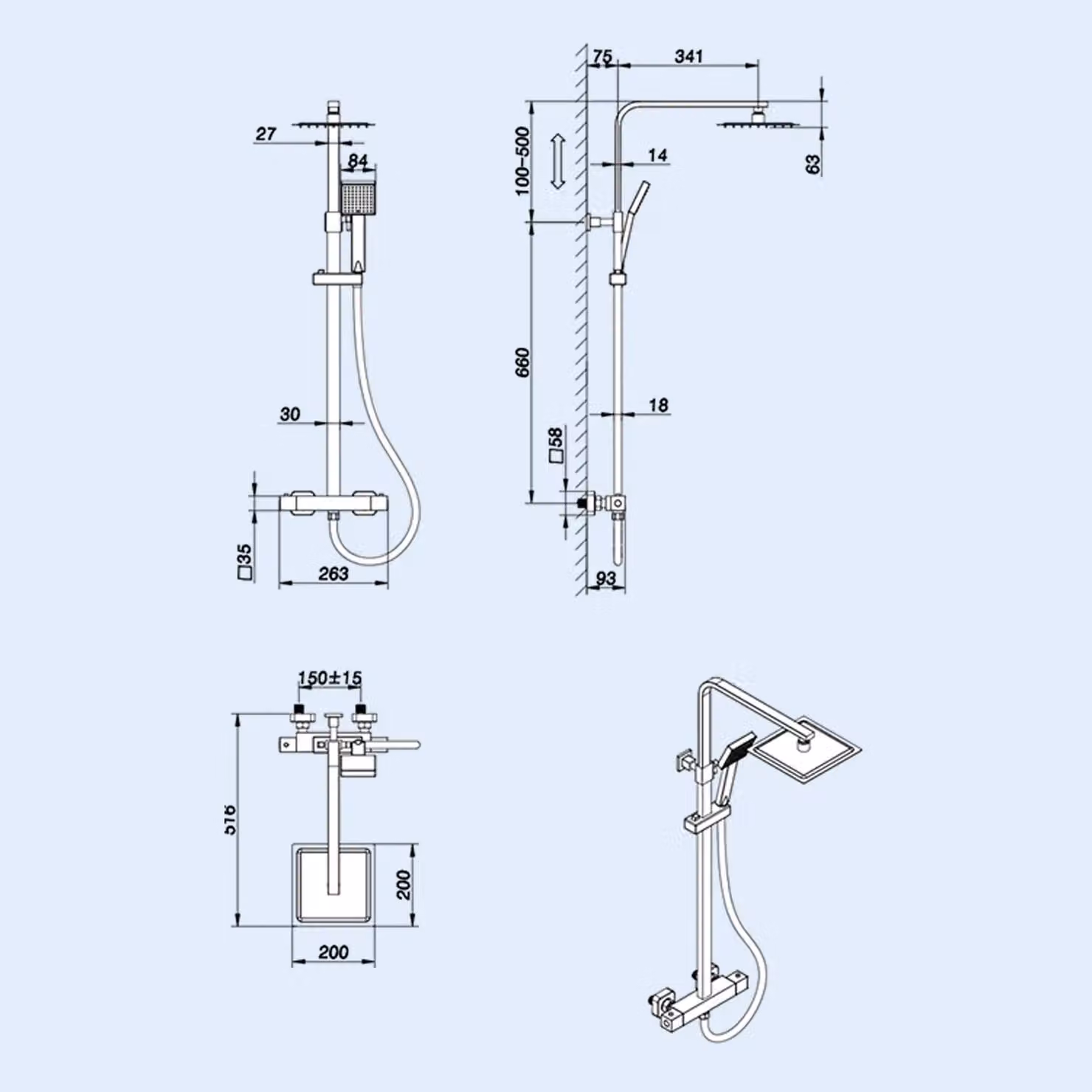 Nes Home Square Thermostatic Exposed Twin Head Mixer Shower Set with Rain Overhead Shower in Chrome Metallic Silver – 2