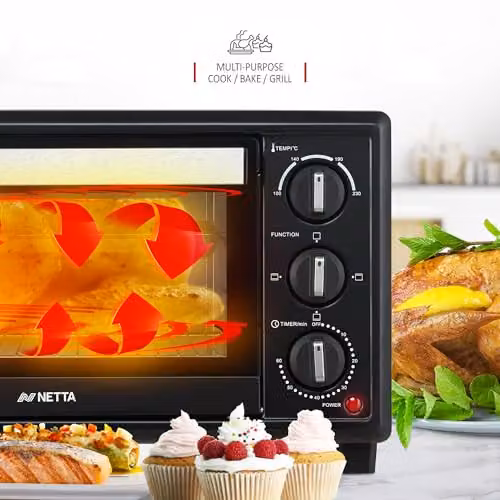 NETTA 20L Mini Oven and Electric Grill in Black with 1380W Power and Timer – 4