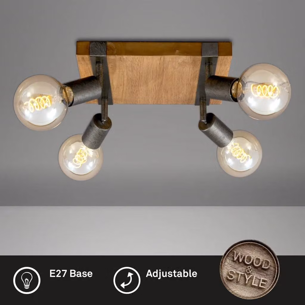 Briloner Industrial Adjustable Spotlight in Grey and Wood with 4 x E27 Sockets – 2