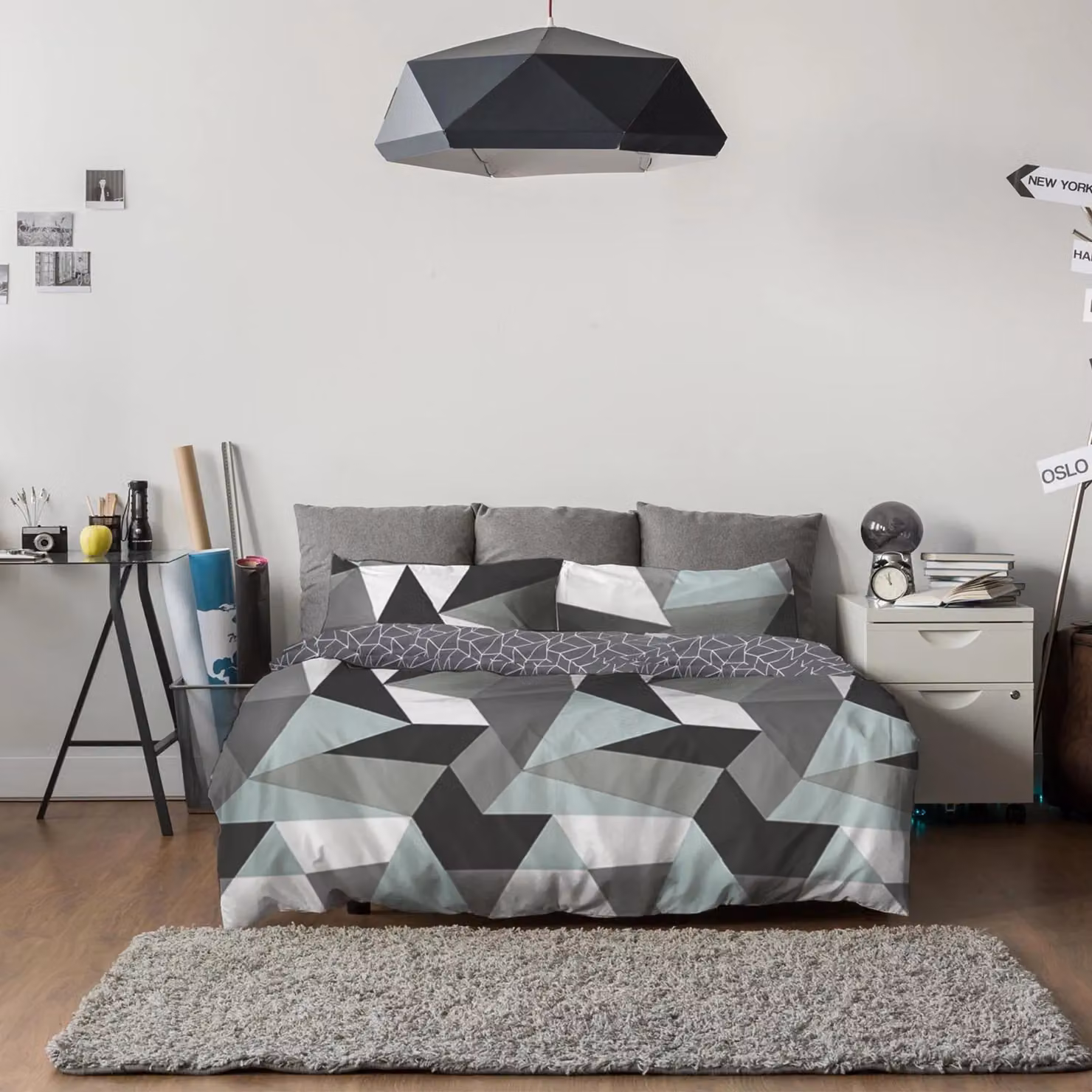 OHS Geometric Shapes Reversible Duvet Cover and Pillowcase Set in Black and Multicolour, W: 180 cm, H: 200 cm – 2