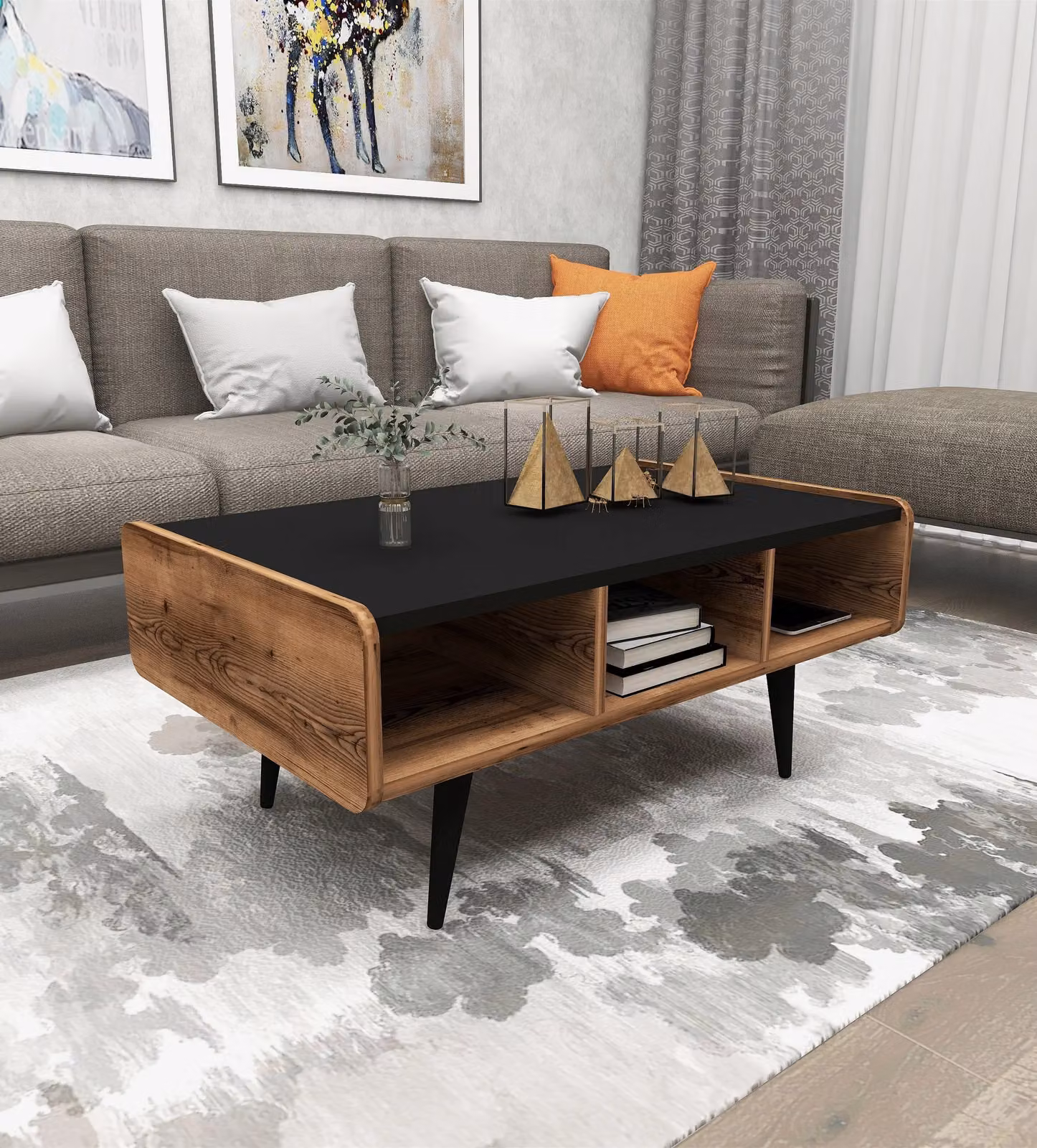 Destina Home Farelle Modern Coffee Table with Storage Shelves, Dark Brown, H 40 x W 90 x D 56 cm – 3