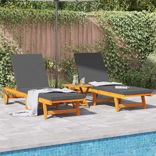 Berkfield Home 2-Pack of Brown Acacia Wood Sun Loungers with Weatherproof Cushions and Castors – 1
